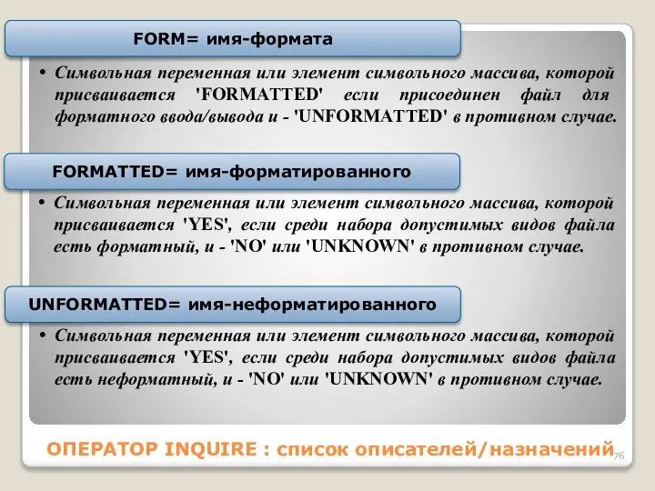 ОПЕРАТОР INQUIRE : список описателей/назначений Символьная переменная или элемент символьного массива,