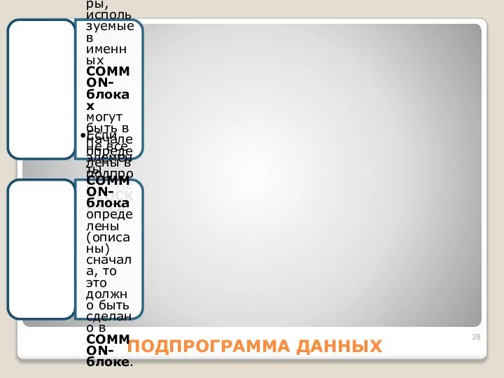 ПОДПРОГРАММА ДАННЫХ 3 Tолько идентификатоpы, иcпользуемые в именныx COMMON-блокаx могут быть