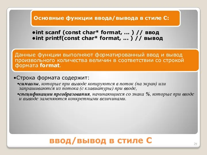 ввод/вывод в стиле С Основные функции ввода/вывода в стиле С: int