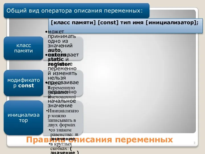 Правила описания переменных Общий вид оператора описания переменных: [класс памяти] [const]