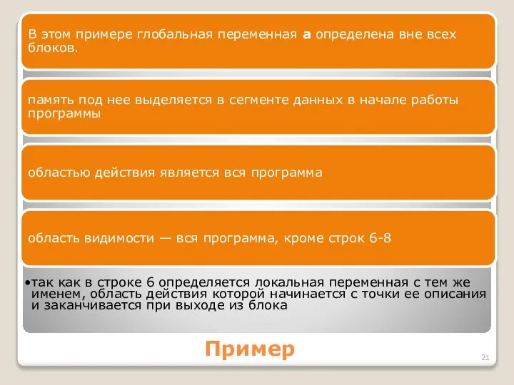 Пример В этом примере глобальная переменная а определена вне всех блоков.