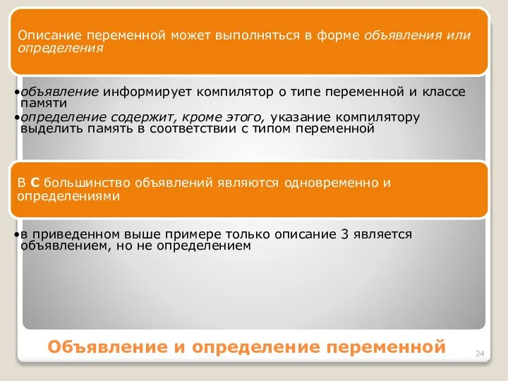 Объявление и определение переменной Описание переменной может выполняться в форме объявления