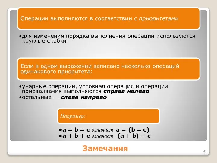 Замечания Операции выполняются в соответствии с приоритетами для изменения порядка выполнения