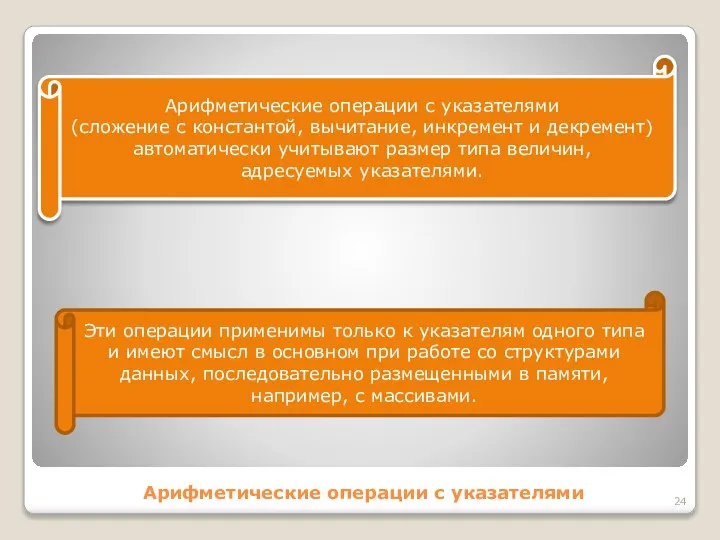 Арифметические операции с указателями Арифметические операции с указателями (сложение с константой,