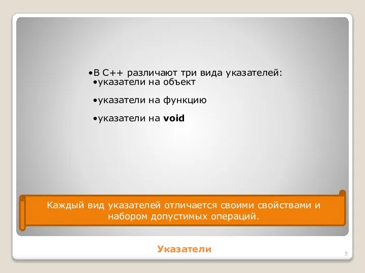 Указатели В C++ различают три вида указателей: указатели на объект указатели