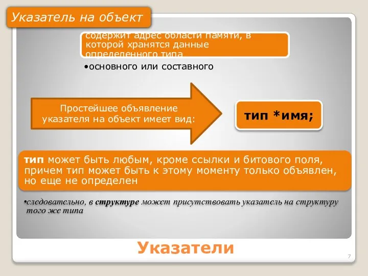 Указатели Указатель на объект тип *имя; Простейшее объявление указателя на объект