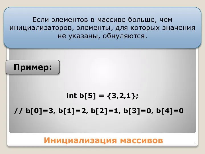 Инициализация массивов Если элементов в массиве больше, чем инициализаторов, элементы, для