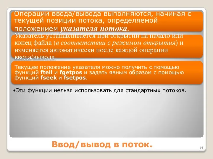 Ввод/вывод в поток. Операции ввода/вывода выполняются, начиная с текущей позиции потока,