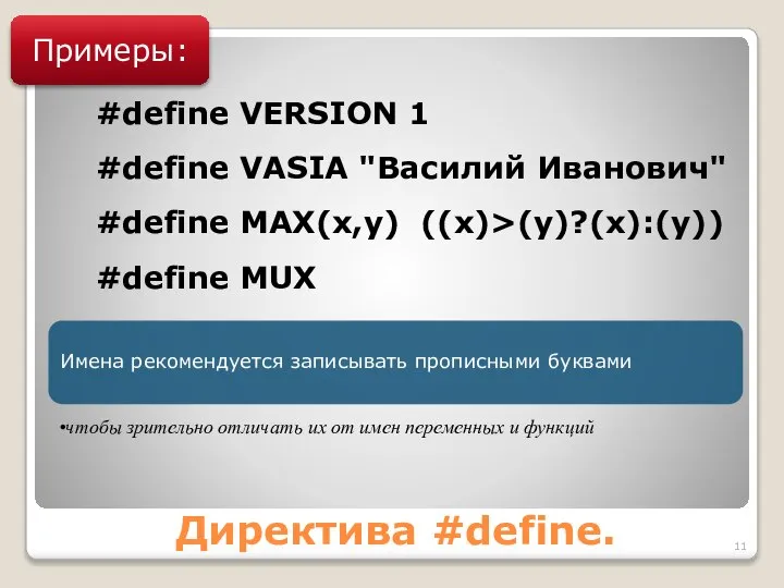 Директива #define. Примеры: #define VERSION 1 #define VASIA "Василий Иванович" #define