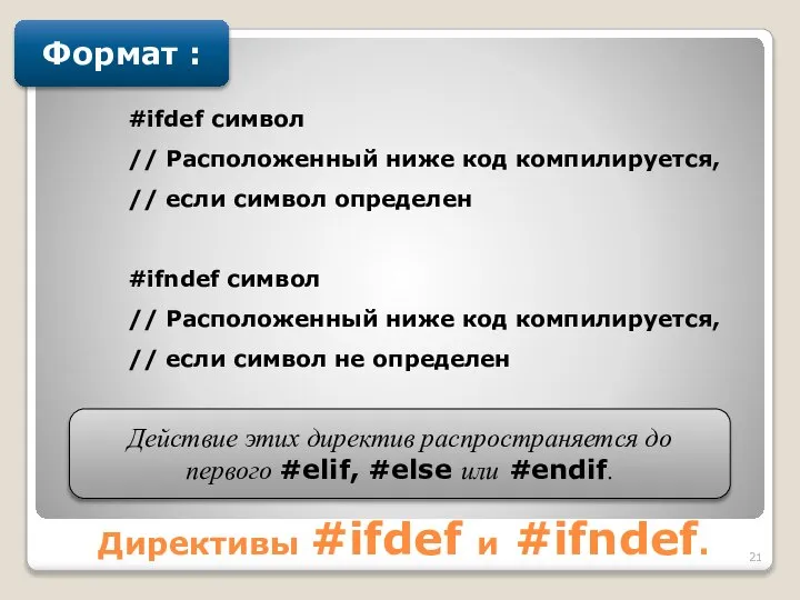 Директивы #ifdef и #ifndef. Формат : #ifdef символ // Расположенный ниже