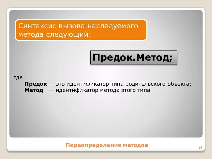 Переопределение методов Синтаксис вызова наследуемого метода следующий: Предок.Метод; где Предок —