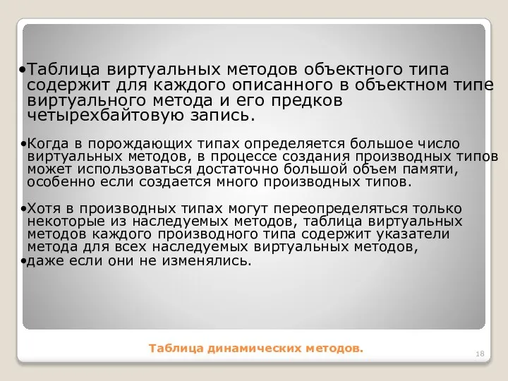 Таблица динамических методов. Таблица виртуальных методов объектного типа содержит для каждого