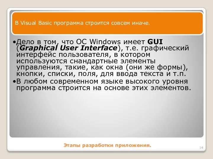 Этапы разработки приложения. В Visual Basic программа строится совсем иначе. Дело