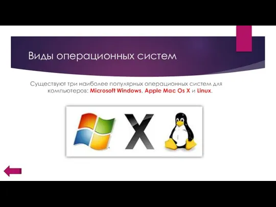 Виды операционных систем Существуют три наиболее популярных операционных систем для компьютеров: