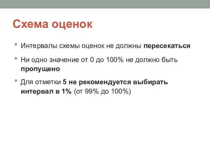 Схема оценок Интервалы схемы оценок не должны пересекаться Ни одно значение