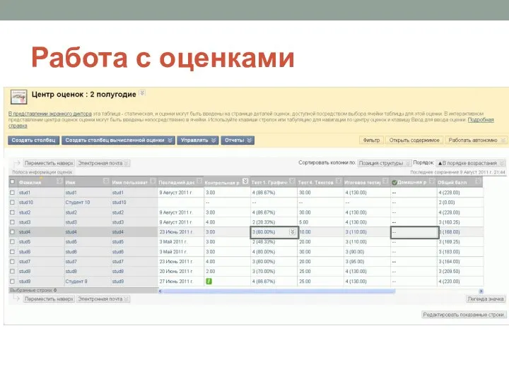 Работа с оценками Дополнительные столбцы Формируемые автоматически столбцы