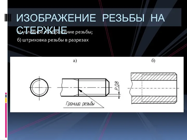 а) условное изображение резьбы; б) штриховка резьбы в разрезах ИЗОБРАЖЕНИЕ РЕЗЬБЫ НА СТЕРЖНЕ