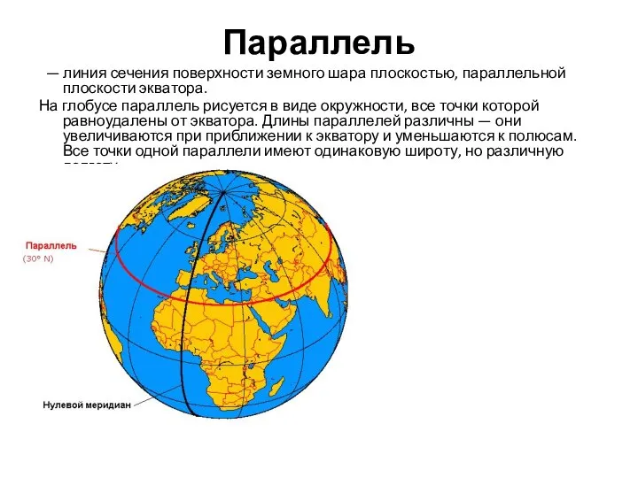 Параллель — линия сечения поверхности земного шара плоскостью, параллельной плоскости экватора.