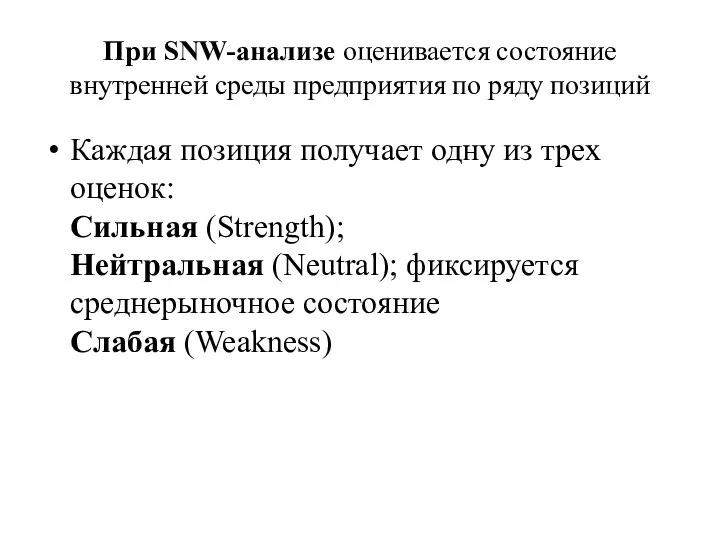 При SNW-анализе оценивается состояние внутренней среды предприятия по ряду позиций Каждая