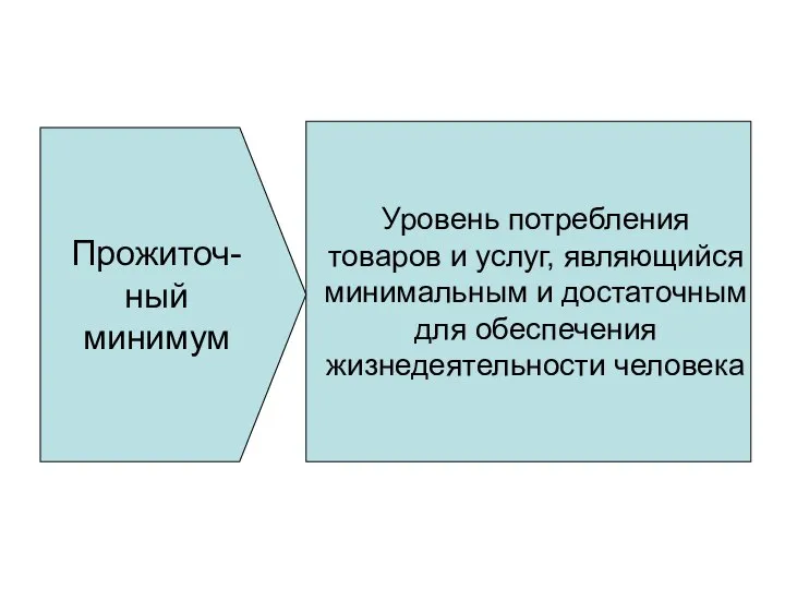 Уровень потребления товаров и услуг, являющийся минимальным и достаточным для обеспечения жизнедеятельности человека Прожиточ-ный минимум