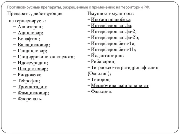 Противовирусные препараты, разрешенные к применению на территории РФ. Препараты, действующие на