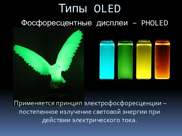 Типы OLED Фосфоресцентные дисплеи – PHOLED Применяется принцип электрофосфоресценции – постепенное