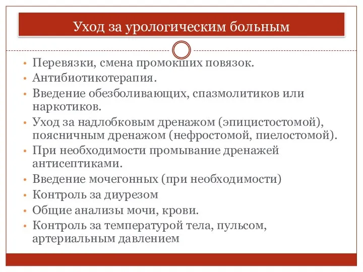 Уход за урологическим больным Перевязки, смена промокших повязок. Антибиотикотерапия. Введение обезболивающих,