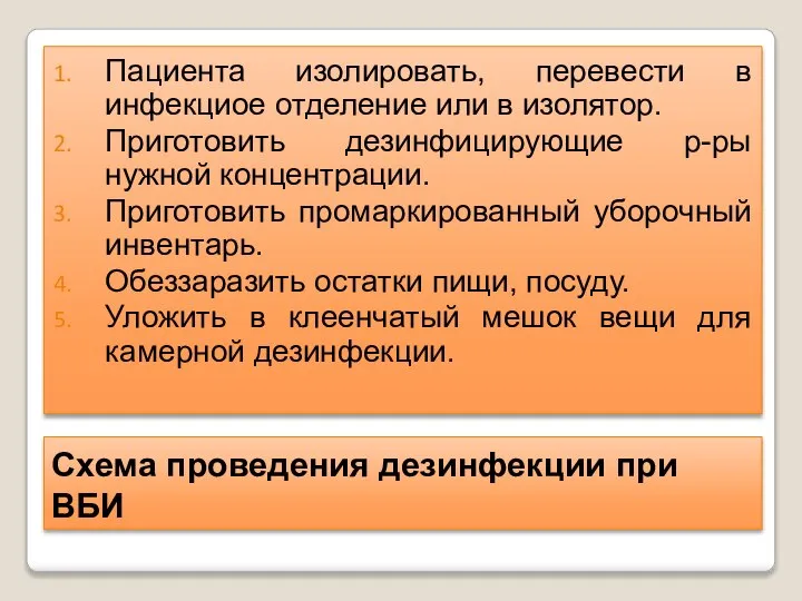 Схема проведения дезинфекции при ВБИ Пациента изолировать, перевести в инфекциое отделение