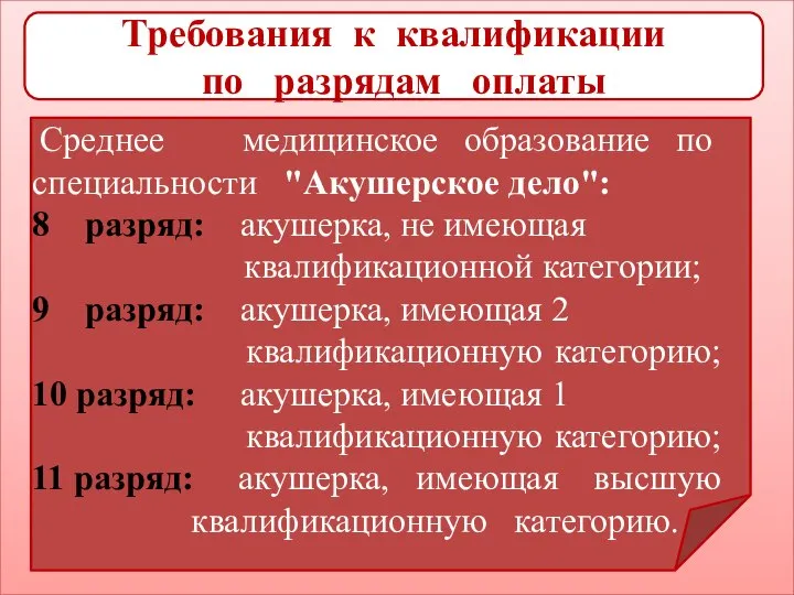 Требования к квалификации по разрядам оплаты Среднее медицинское образование по специальности