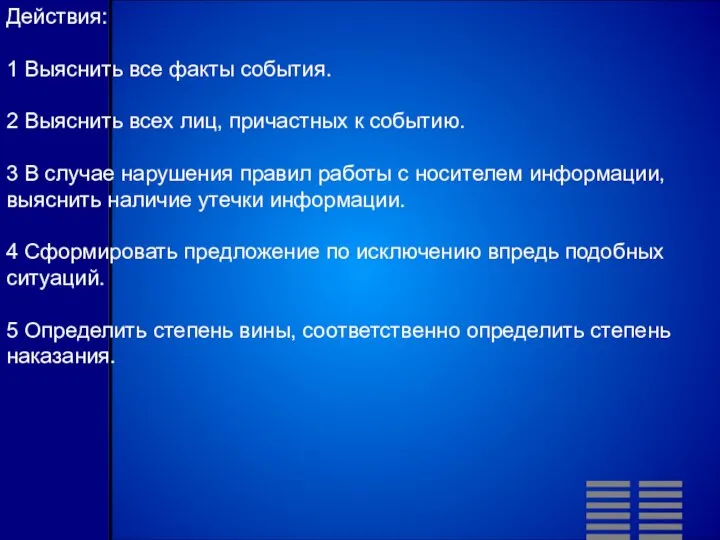 Действия: 1 Выяснить все факты события. 2 Выяснить всех лиц, причастных