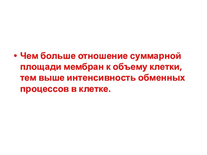 Чем больше отношение суммарной площади мембран к объему клетки, тем выше интенсивность обменных процессов в клетке.