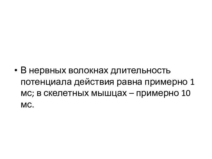 В нервных волокнах длительность потенциала действия равна примерно 1 мс; в