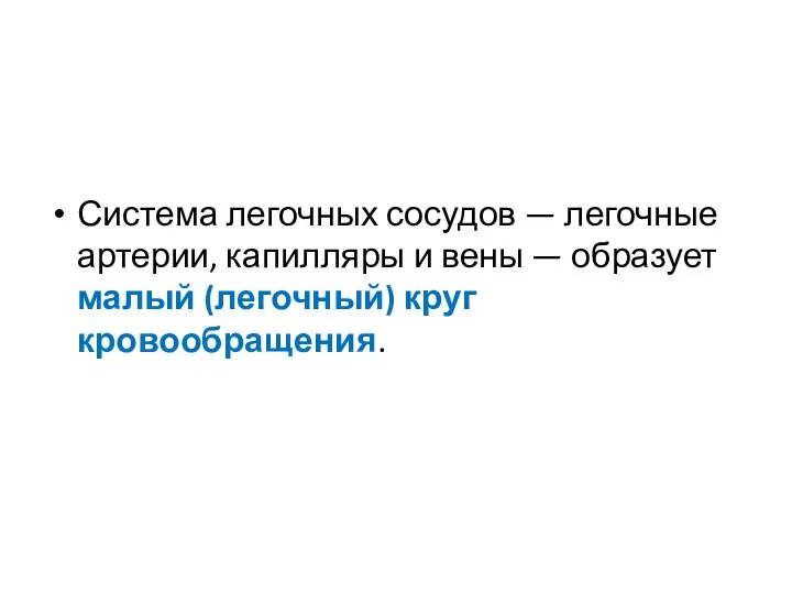 Система легочных сосудов — легочные артерии, капилляры и вены — образует малый (легочный) круг кровообращения.