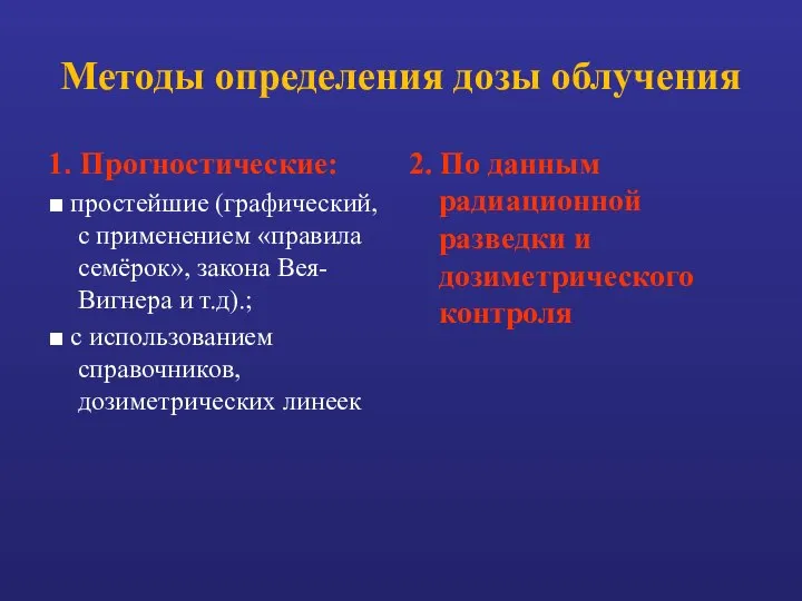 Методы определения дозы облучения 1. Прогностические: ■ простейшие (графический, с применением