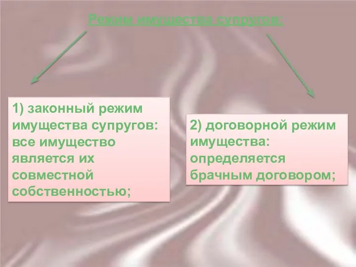 Режим имущества супругов: 1) законный режим имущества супругов: все имущество является