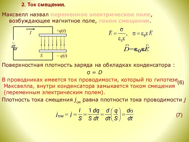 2. Ток смещения. Максвелл назвал переменное электрическое поле, возбуждающее магнитное поле,