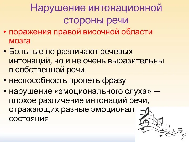 Нарушение интонационной стороны речи поражения правой височной области мозга Больные не