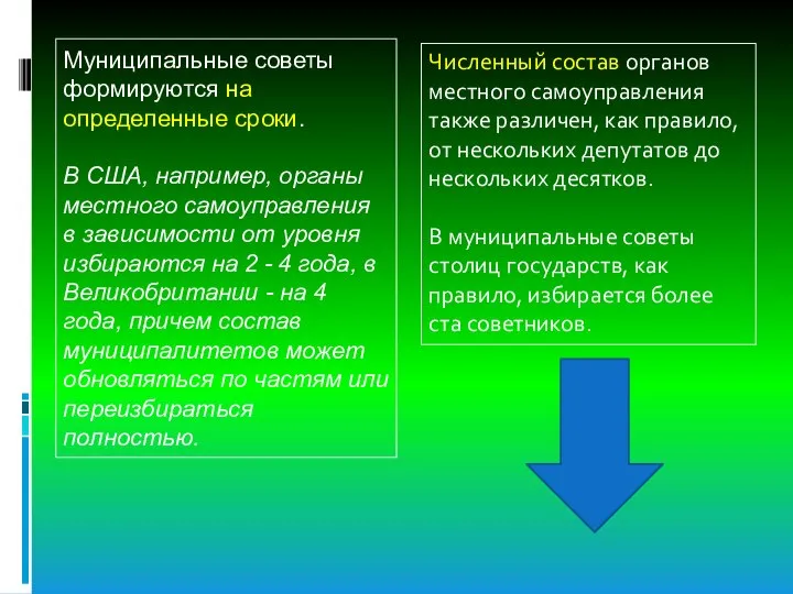 Муниципальные советы формируются на определенные сроки. В США, например, органы местного