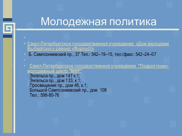 Молодежная политика Санкт-Петербургское государственное учреждение «Дом молодежи Выборгского района «Форпост» Б.