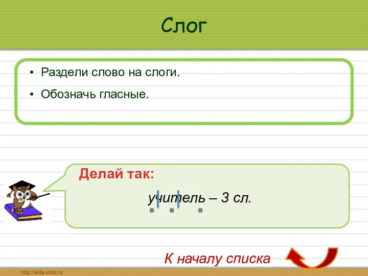 Слог Раздели слово на слоги. Обозначь гласные. Делай так: учитель –