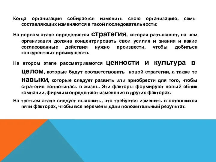 Когда организация собирается изменить свою организацию, семь составляющих изменяются в такой