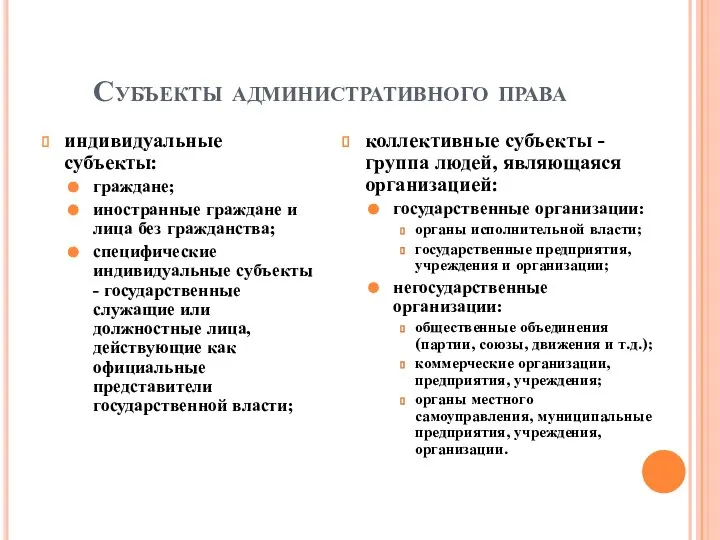 Субъекты административного права индивидуальные субъекты: граждане; иностранные граждане и лица без