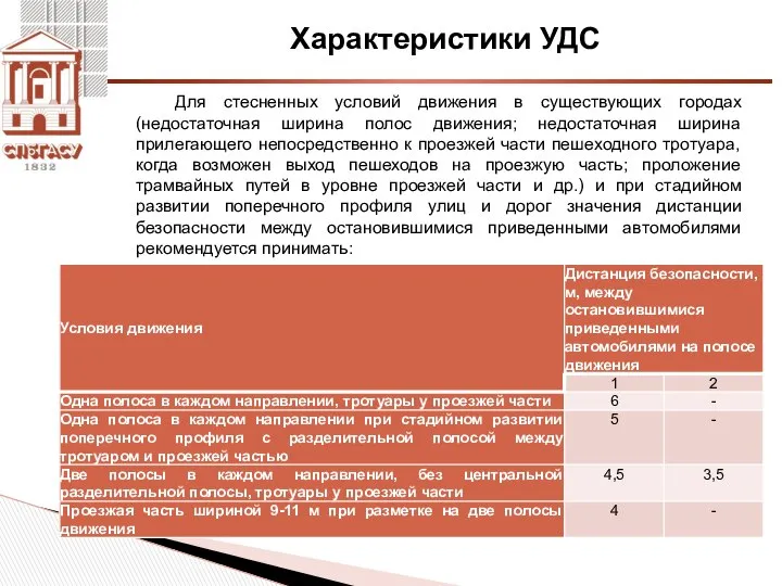 Характеристики УДС Для стесненных условий движения в существующих городах (недостаточная ширина