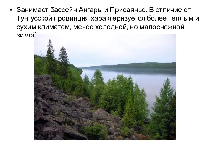 Занимает бассейн Ангары и Присаянье. В отличие от Тунгусской провинция характеризуется