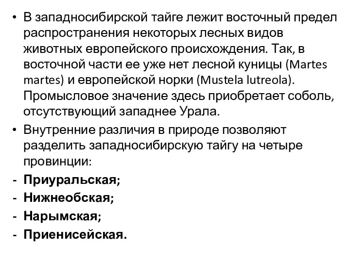 В западносибирской тайге лежит восточный предел распространения некоторых лесных видов животных