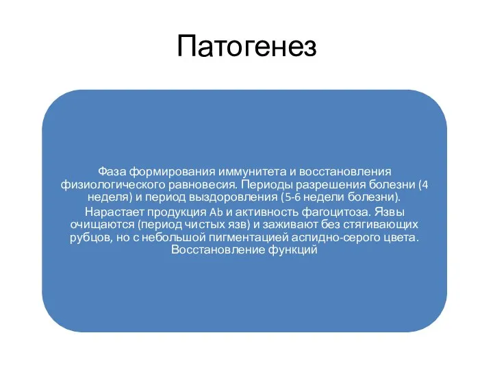 Патогенез Фаза формирования иммунитета и восстановления физиологического равновесия. Периоды разрешения болезни