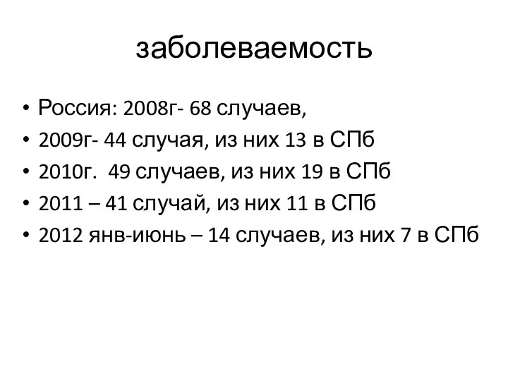 заболеваемость Россия: 2008г- 68 случаев, 2009г- 44 случая, из них 13