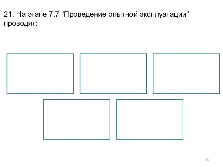 21. На этапе 7.7 “Проведение опытной эксплуатации” проводят: опытную эксплуатацию АС;