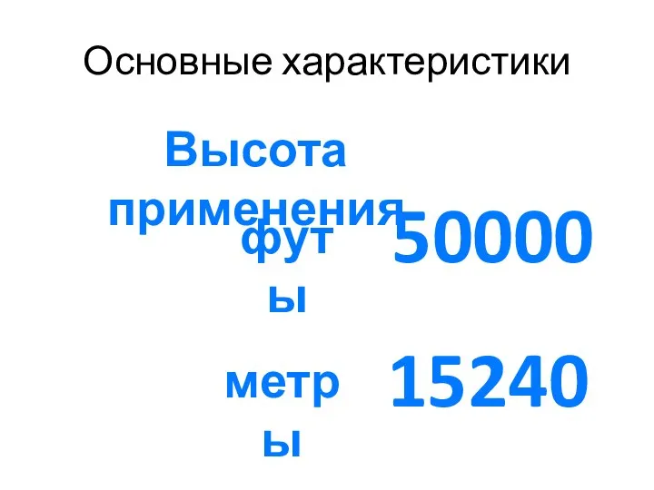 Основные характеристики Высота применения 50000 футы 15240 метры