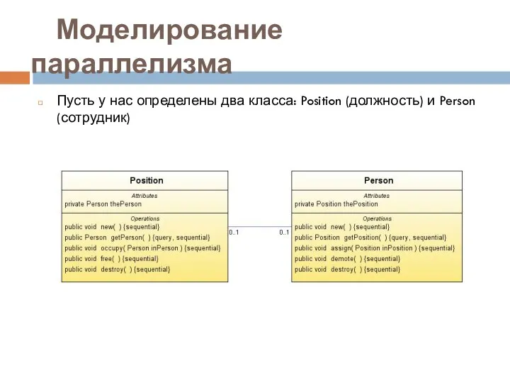 Моделирование параллелизма Пусть у нас определены два класса: Position (должность) и Person (сотрудник)